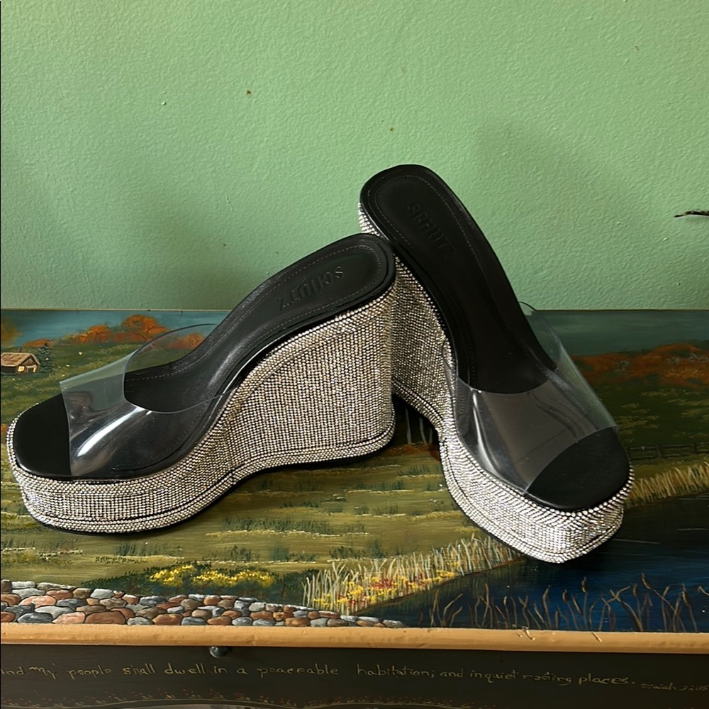 SCHUTZ Silver and Black Wedge Sandals